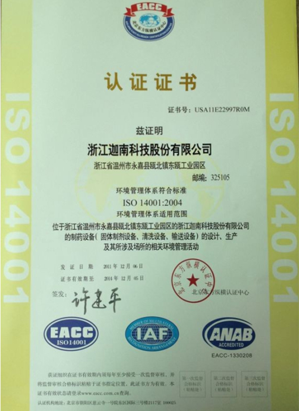 ISO14001：2004 Environment Management System Certification